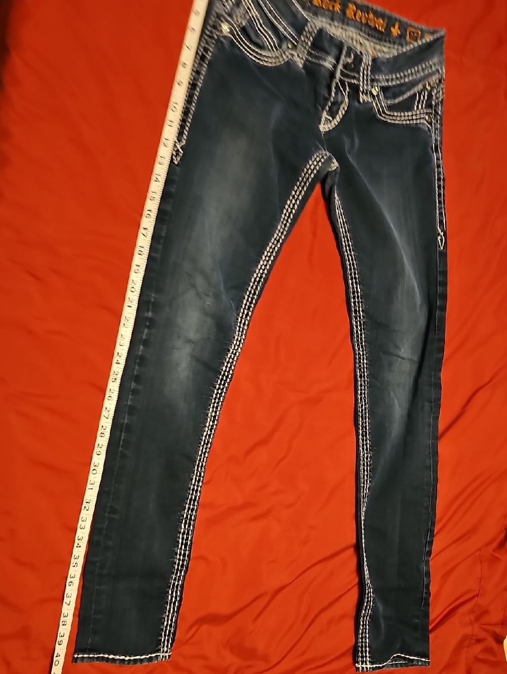 Rock Revival Dark Blue Jeans with White Contrast Stitching